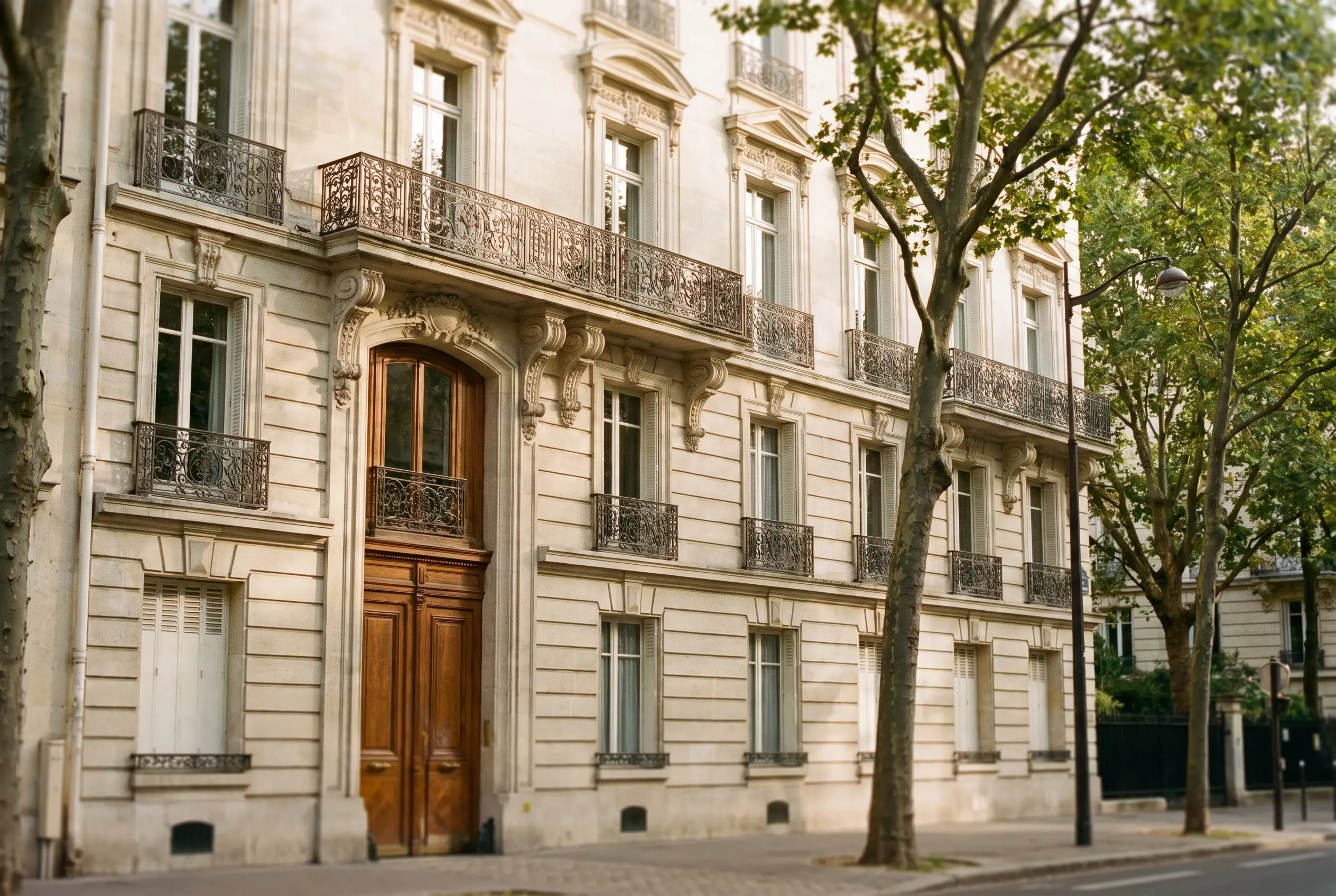 Immeuble résidentiel parisien en pierre de taille, dans une rue arborée