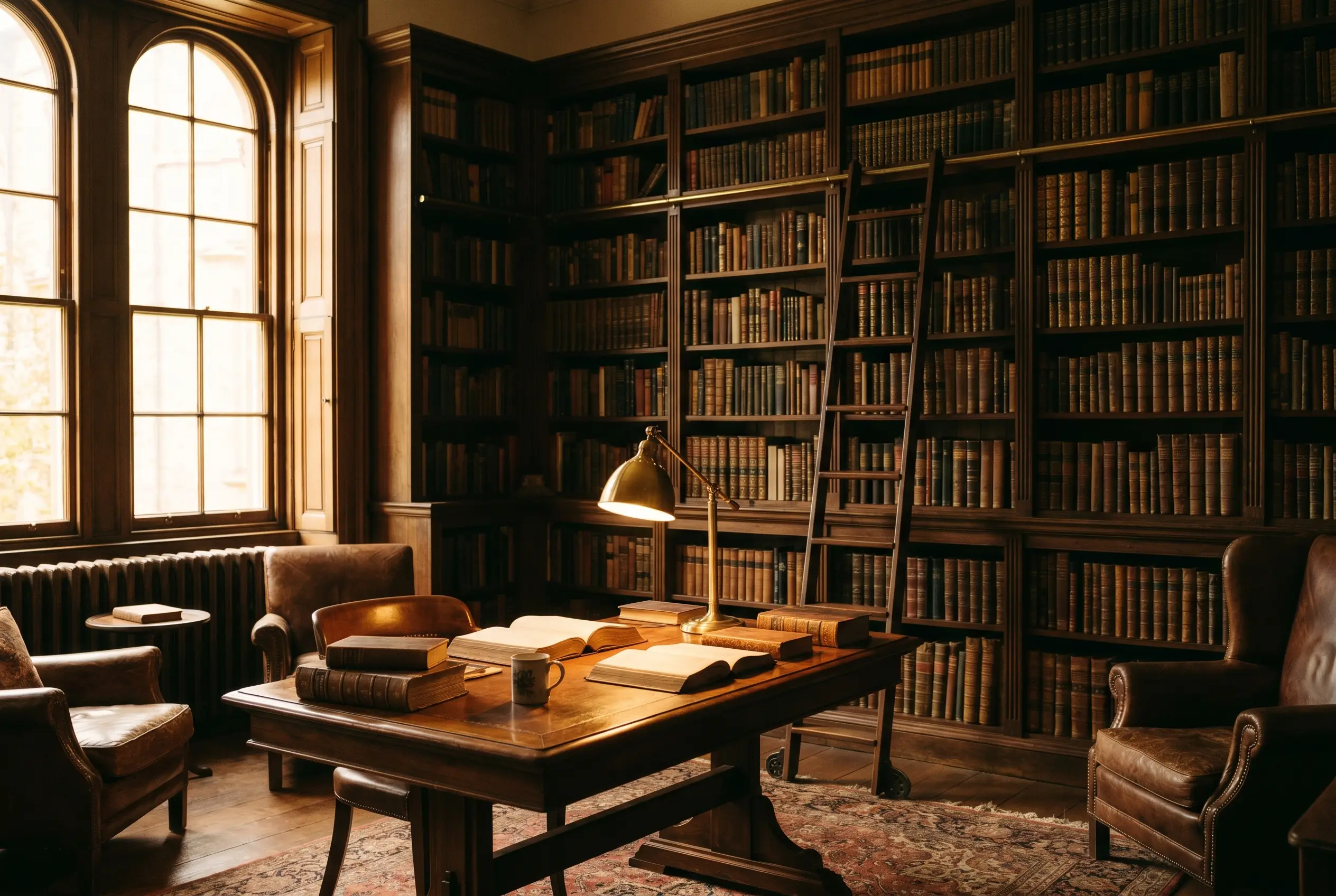 Bibliothèque privée en noyer, symbole de transmission du savoir et d'expertise
