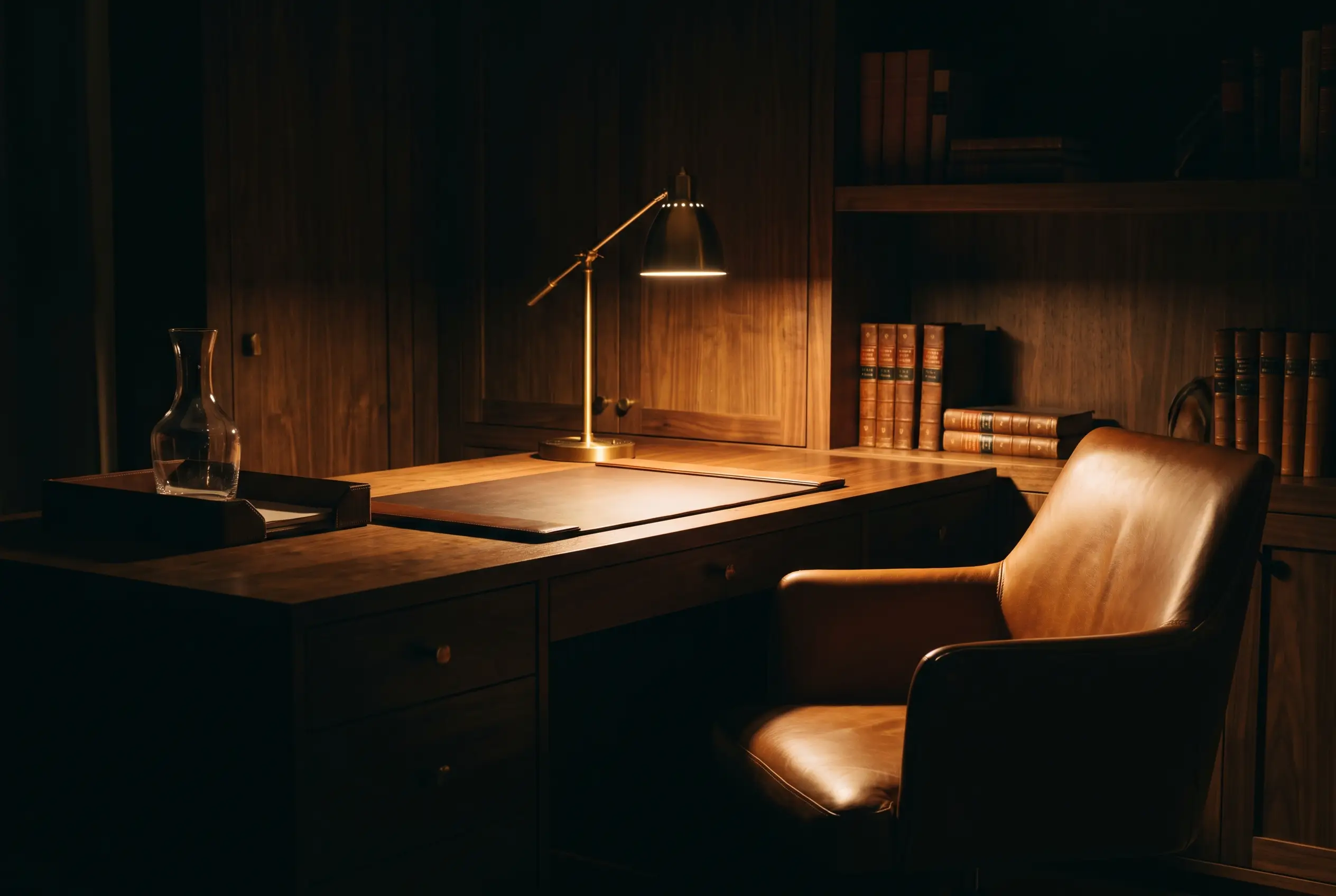 Bureau de dirigeant raffiné en soirée, cuir cognac et laiton